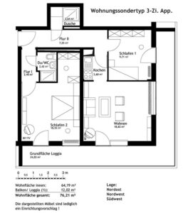 Wohnungssondertyp 3-Zi. App. (ca. 76 m²)